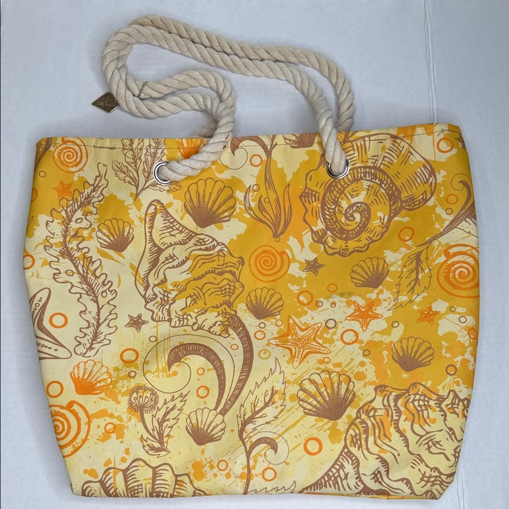 Hawaiian Tropics Seashell Print Yellow and Orange Rope-Handle Tote Bag